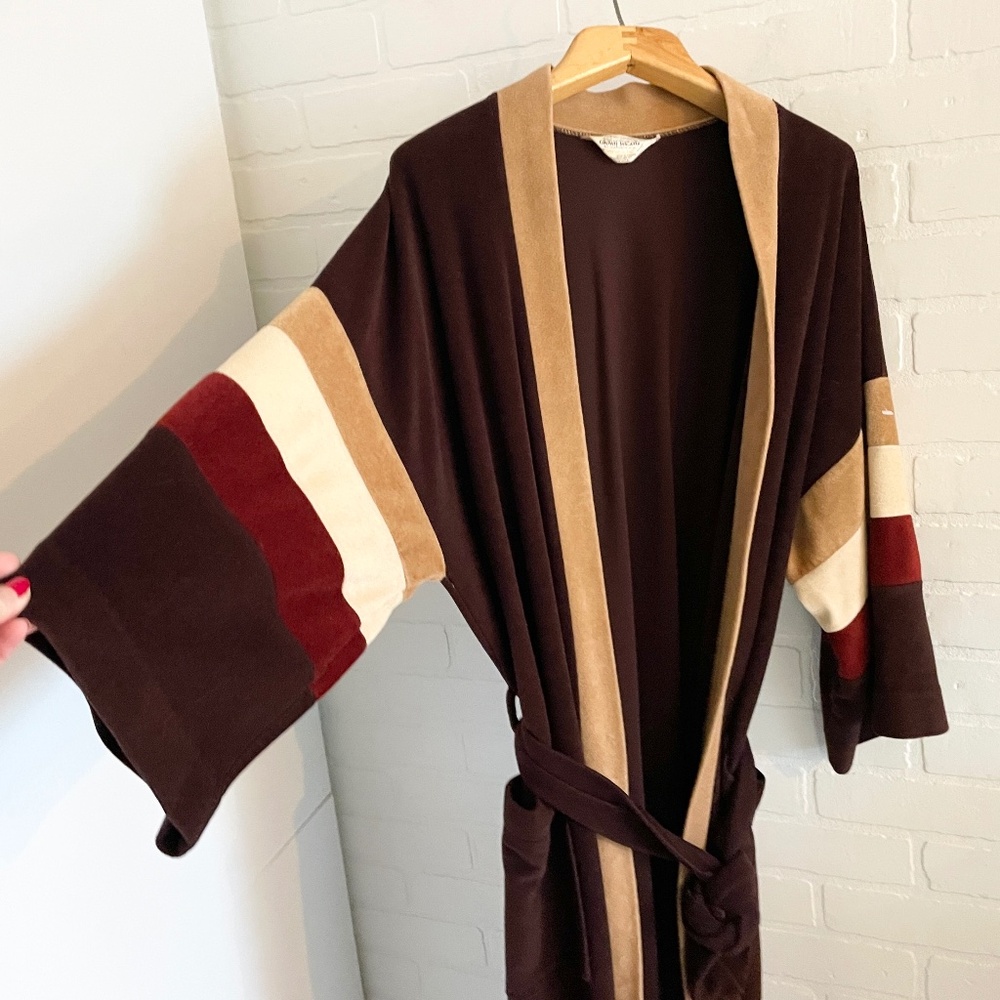 Vintage 70s Men’s (or unisex) Robe Velvet Mod Blokecore Brown Earthy tones OS - Picture 3 of 13